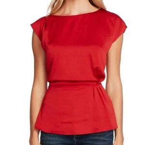 Vince Camuto Cap Sleeve Rumple Satin Peplum Blouse Rhubarb Small